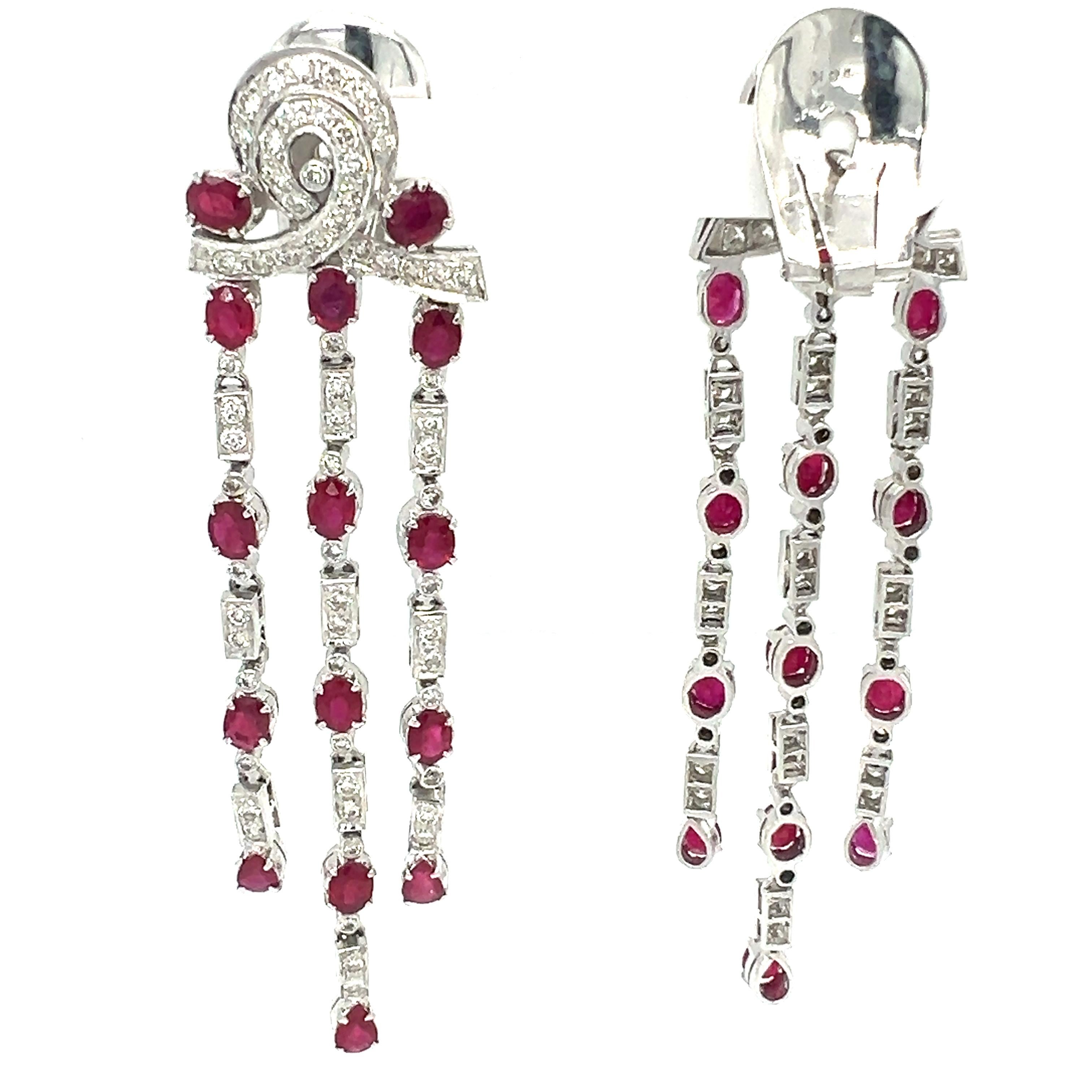Women's Natural Ruby and diamond clip-on dangle earrings For Sale