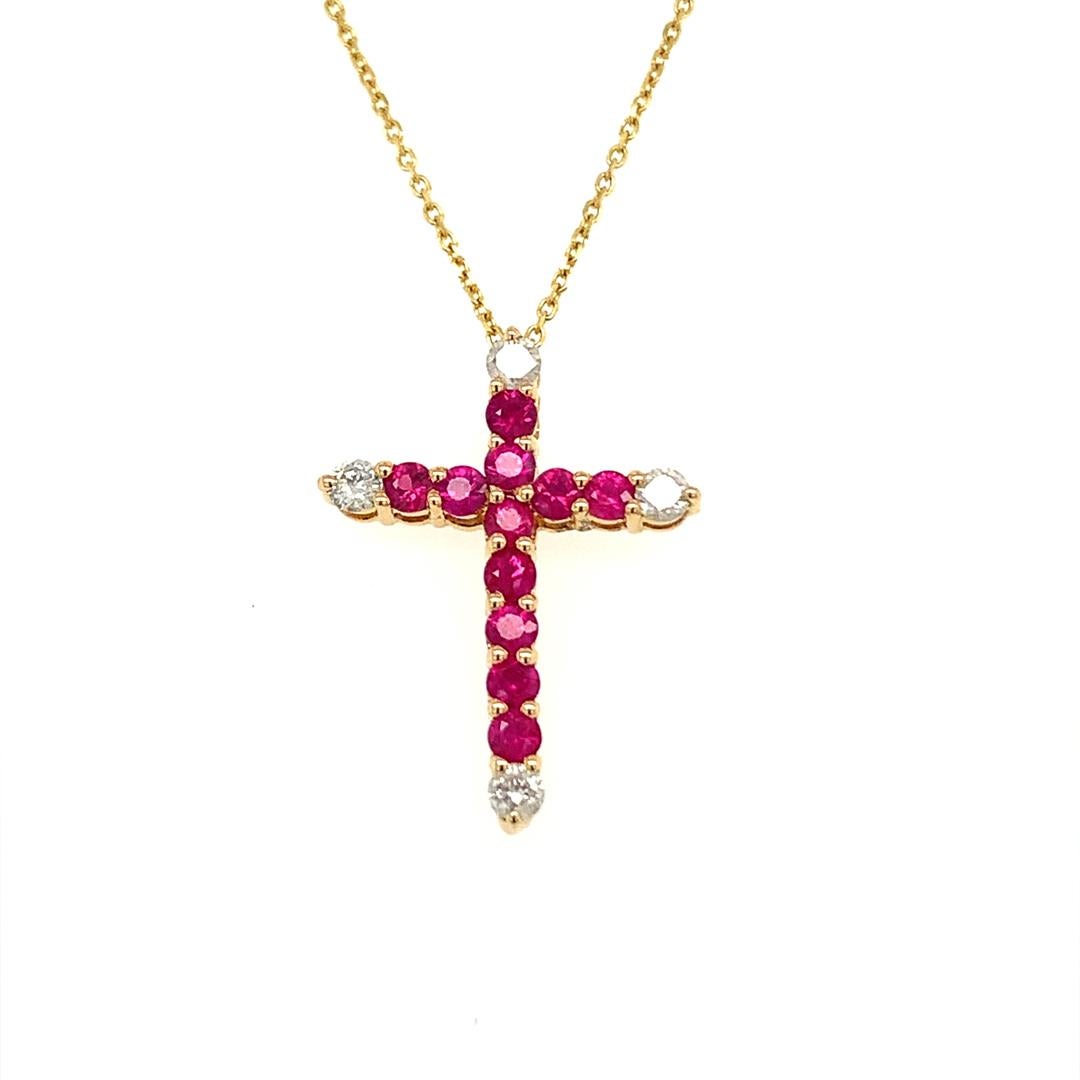 Round Cut Natural Ruby and Diamond Cross Pendant For Sale