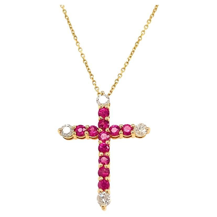 Natural Ruby and Diamond Cross Pendant For Sale