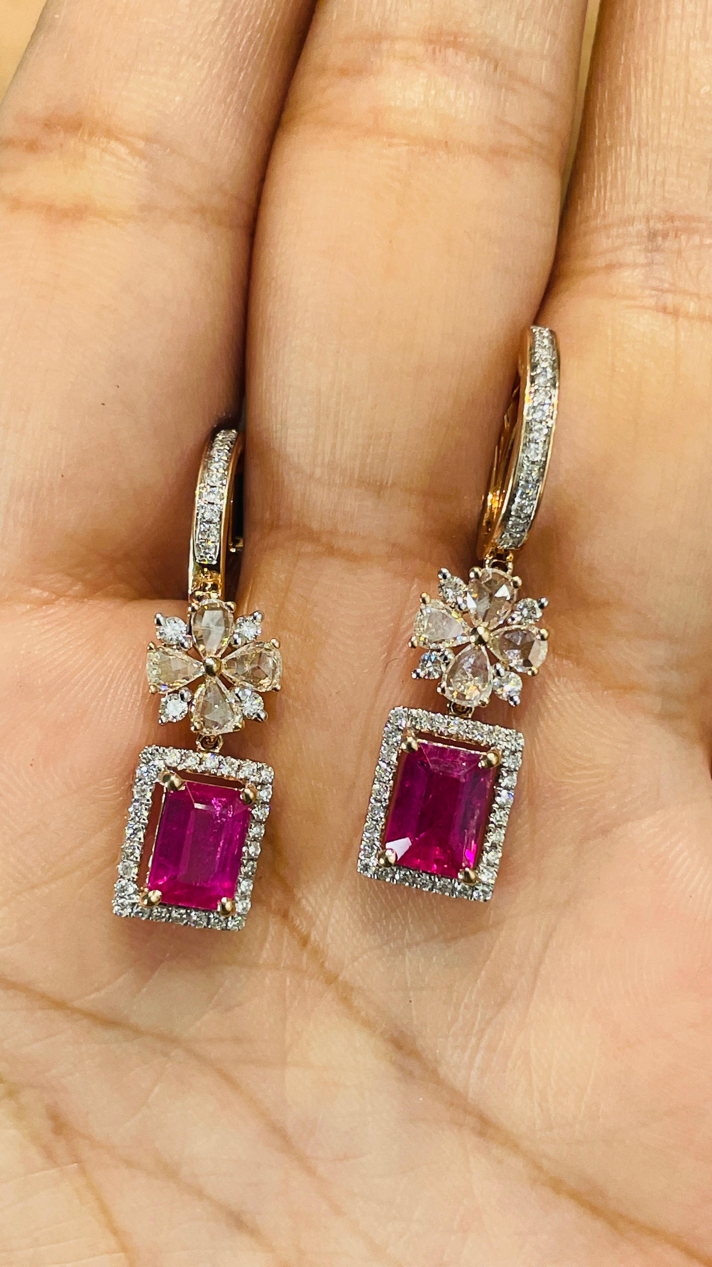 Ruby and Diamond Dangle earrings to make a statement with your look. These earrings create a sparkling, luxurious look featuring octagon cut gemstone.
If you love to gravitate towards unique styles, this piece of jewelry is perfect for you.

PRODUCT
