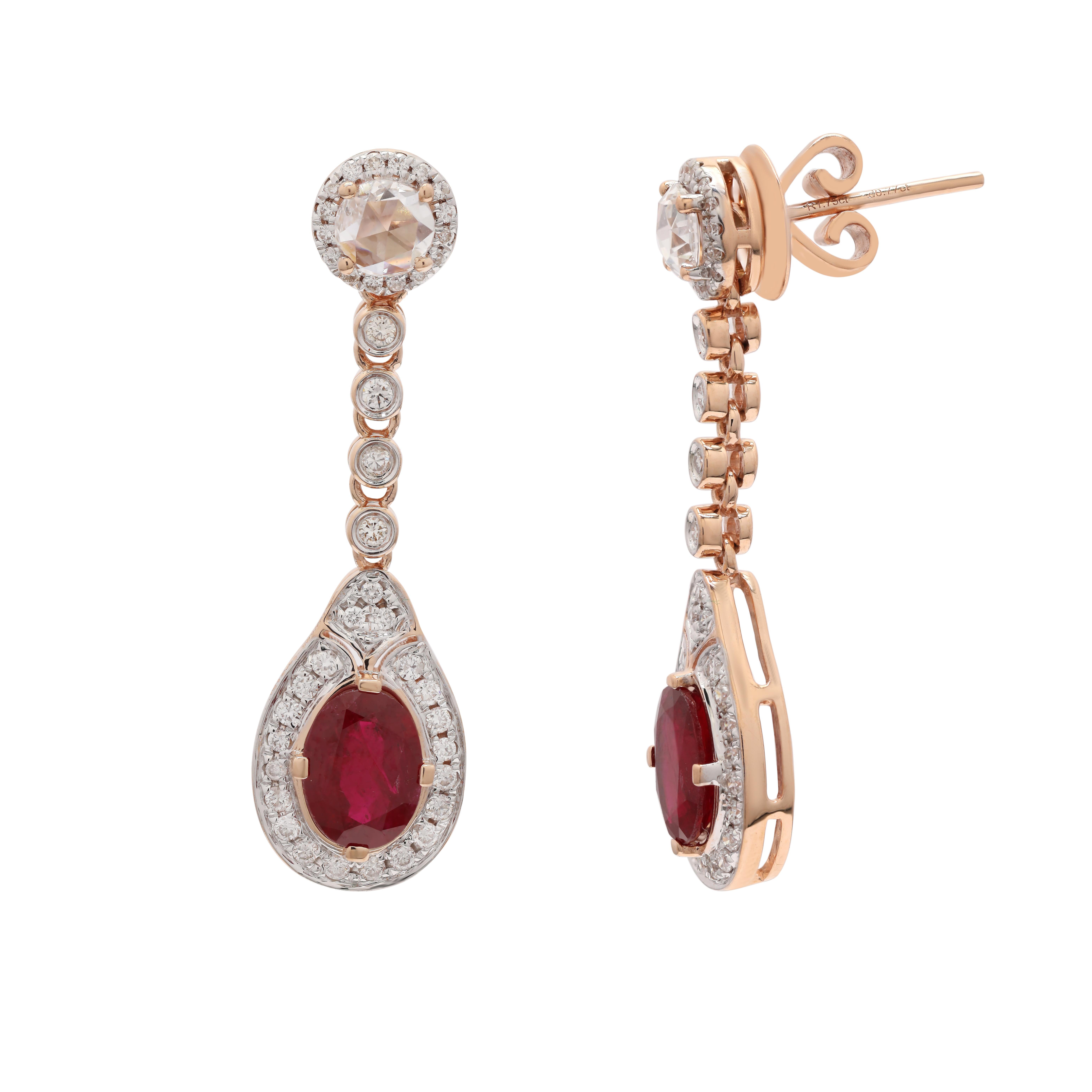 Art déco Pendants d'oreilles en or rose 14 carats avec rubis naturel et diamants en vente