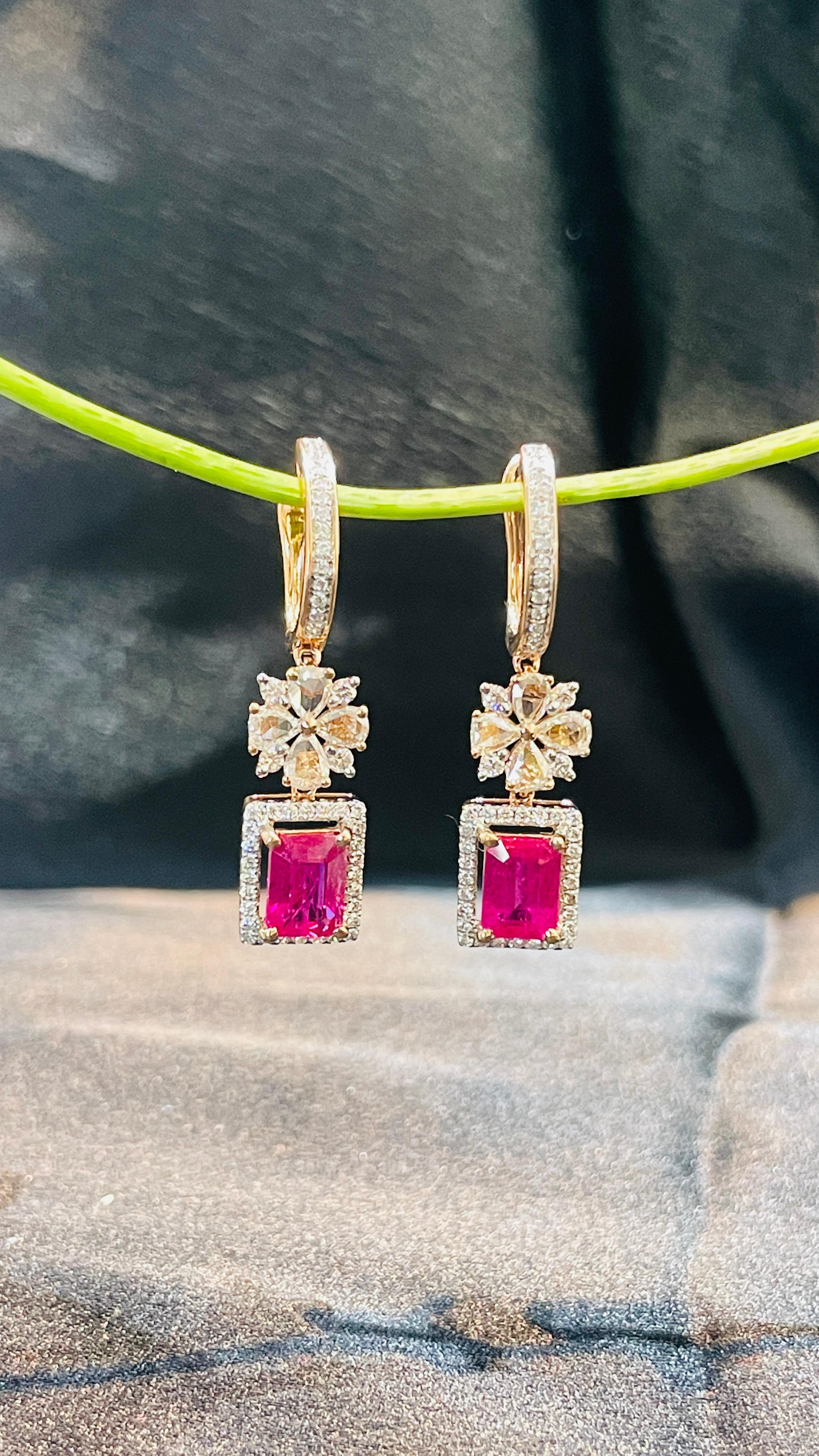 Art Deco Natural Ruby and Diamond Dangle Earrings in 14K Rose Gold For Sale