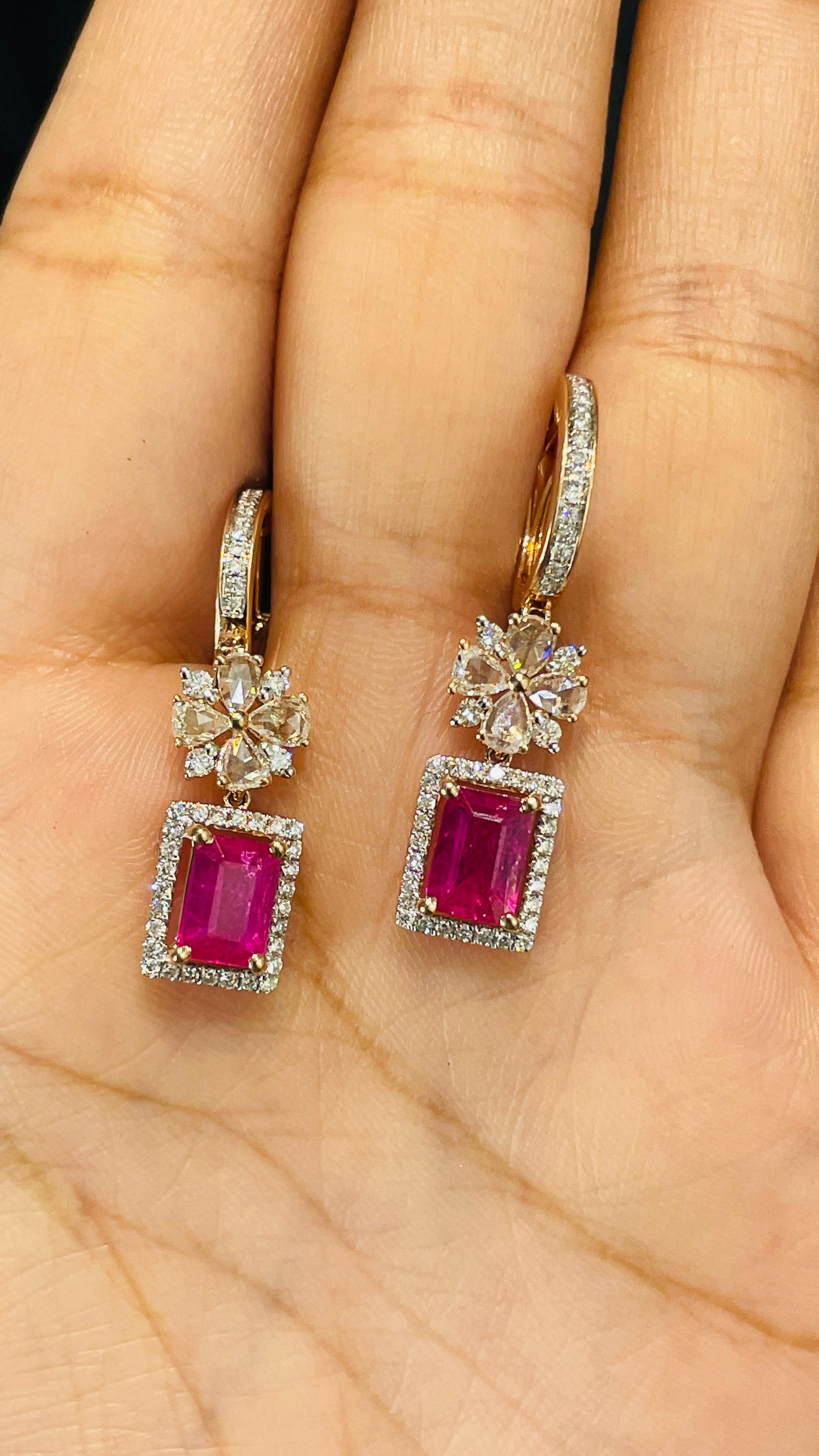 Octagon Cut Natural Ruby and Diamond Dangle Earrings in 14K Rose Gold For Sale