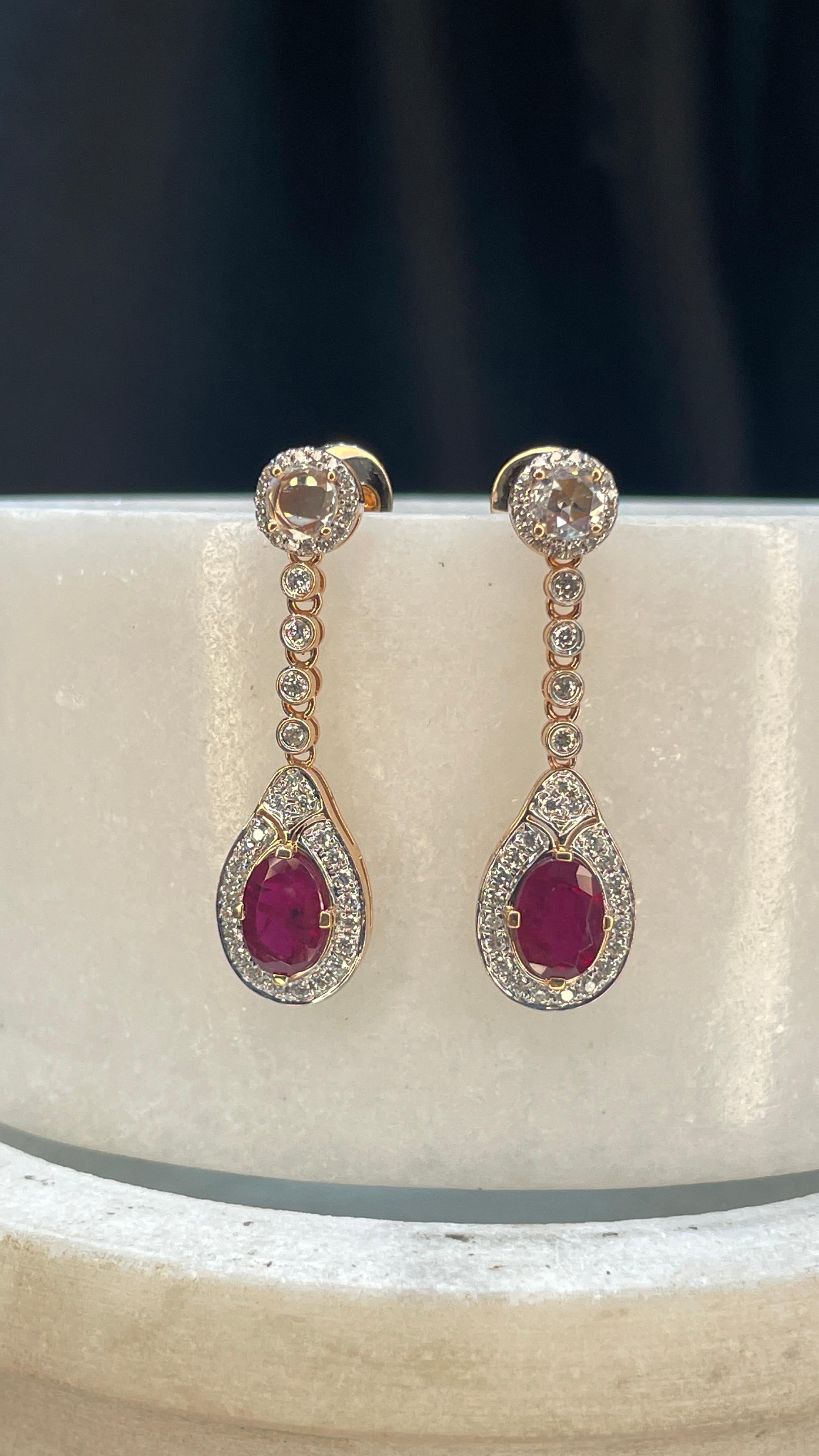 Oval Cut Natural Ruby and Diamond Dangle Earrings in 14K Rose Gold For Sale