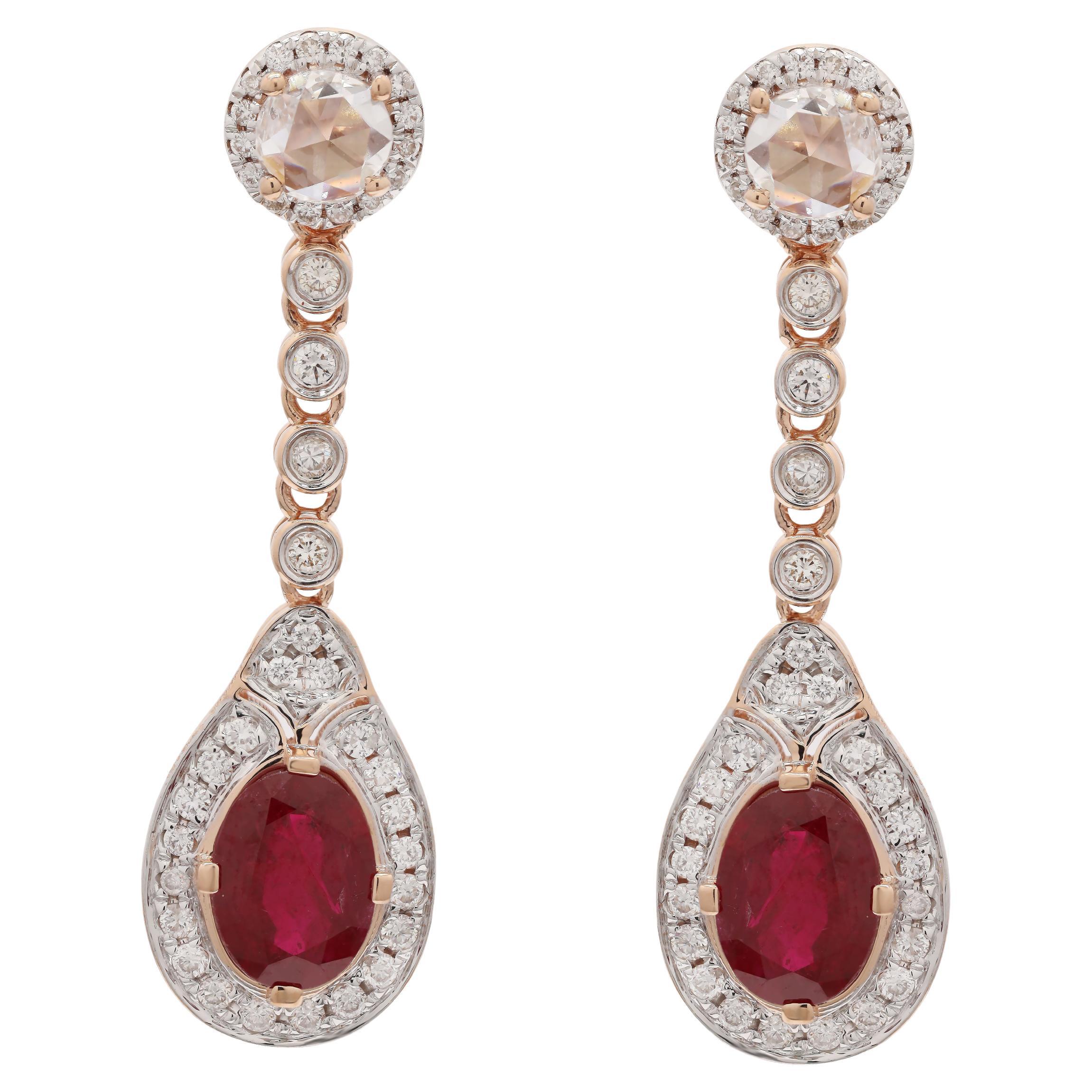 Natural Ruby and Diamond Dangle Earrings in 14K Rose Gold For Sale