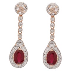 Natural Ruby and Diamond Dangle Earrings in 14K Rose Gold