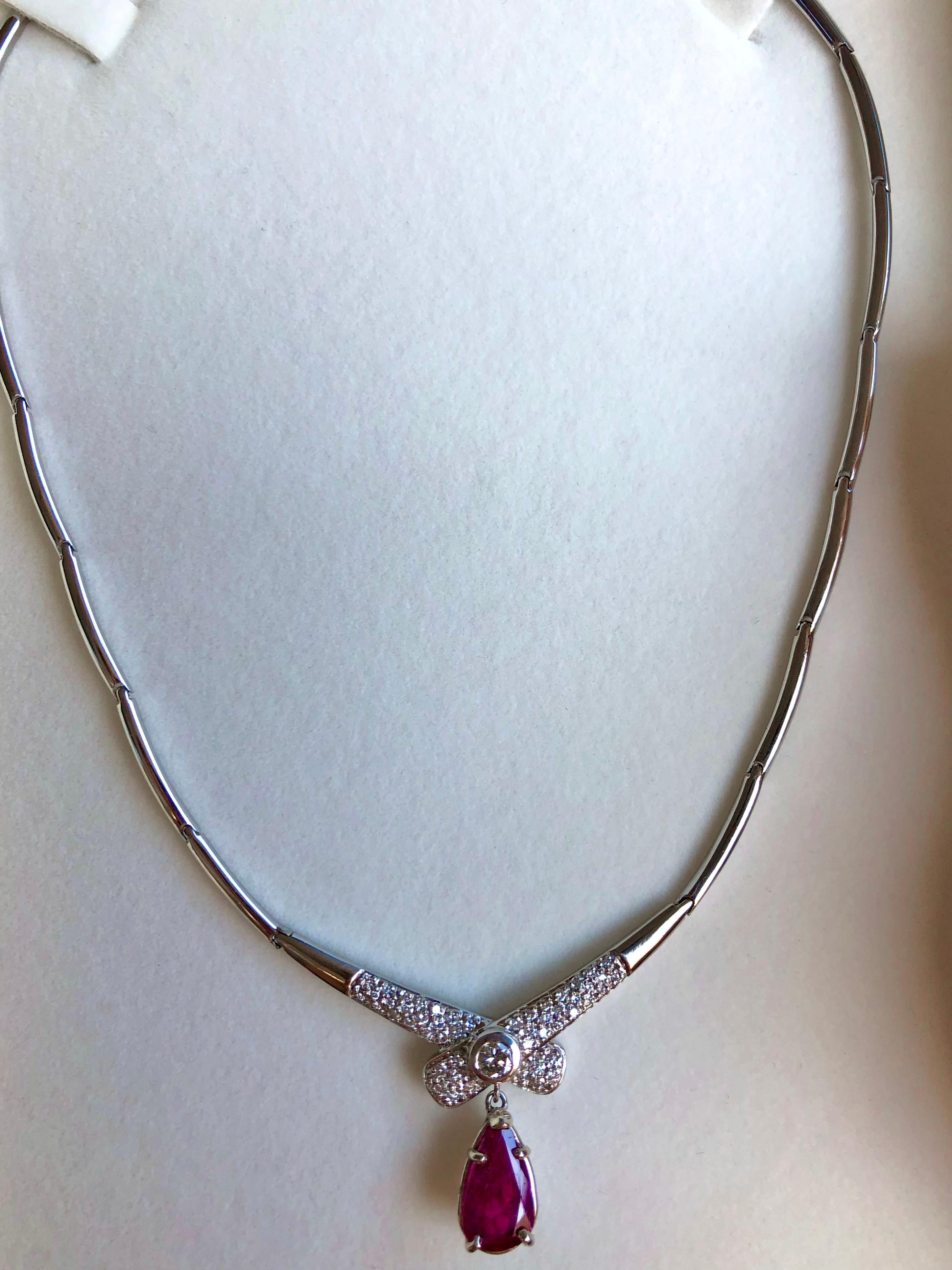 Natural Ruby and Diamond Drop Estate Necklace 14 Karat White Gold For Sale 2