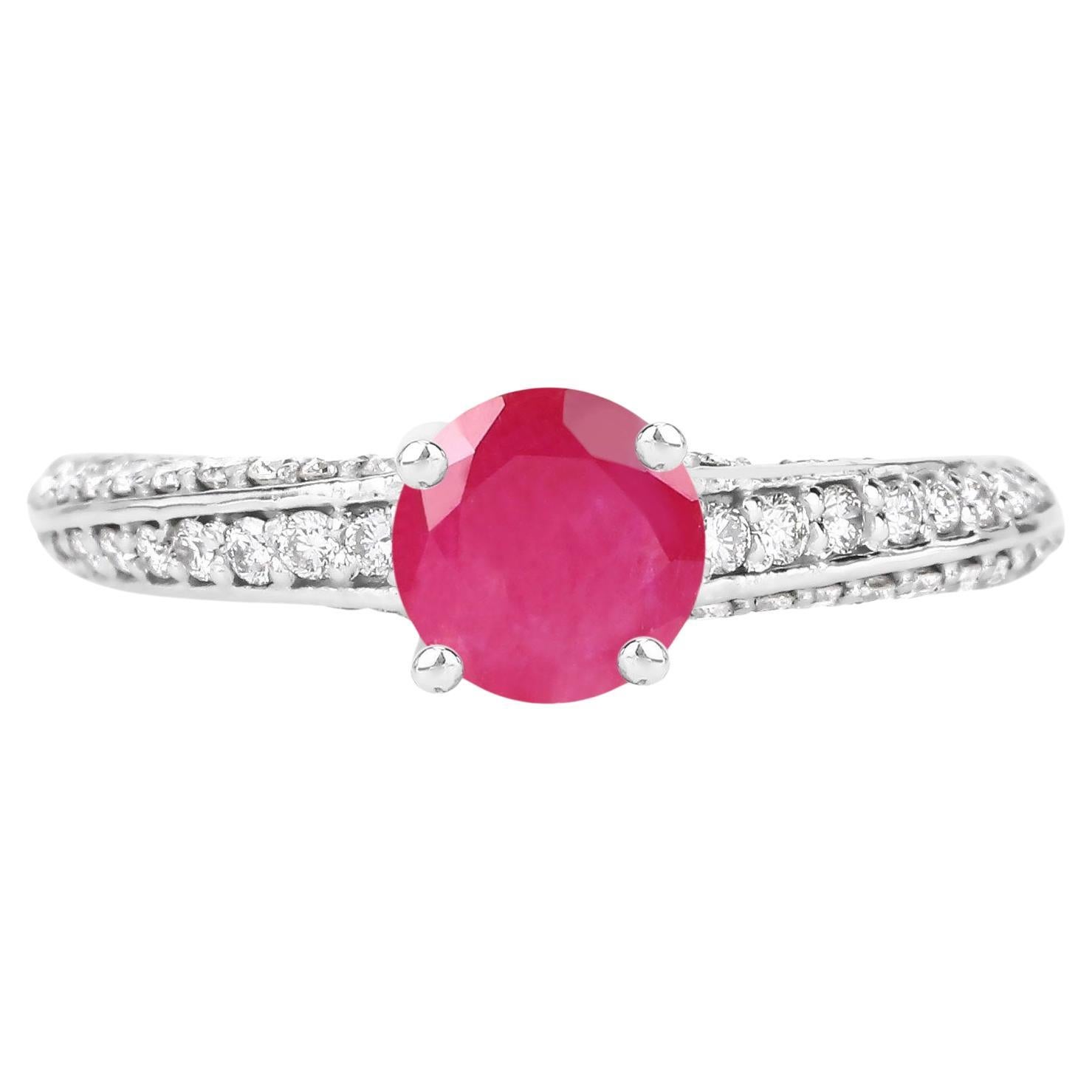 Natural Ruby and Diamond Engagement Ring 1.50 Carats 14K White Gold For Sale