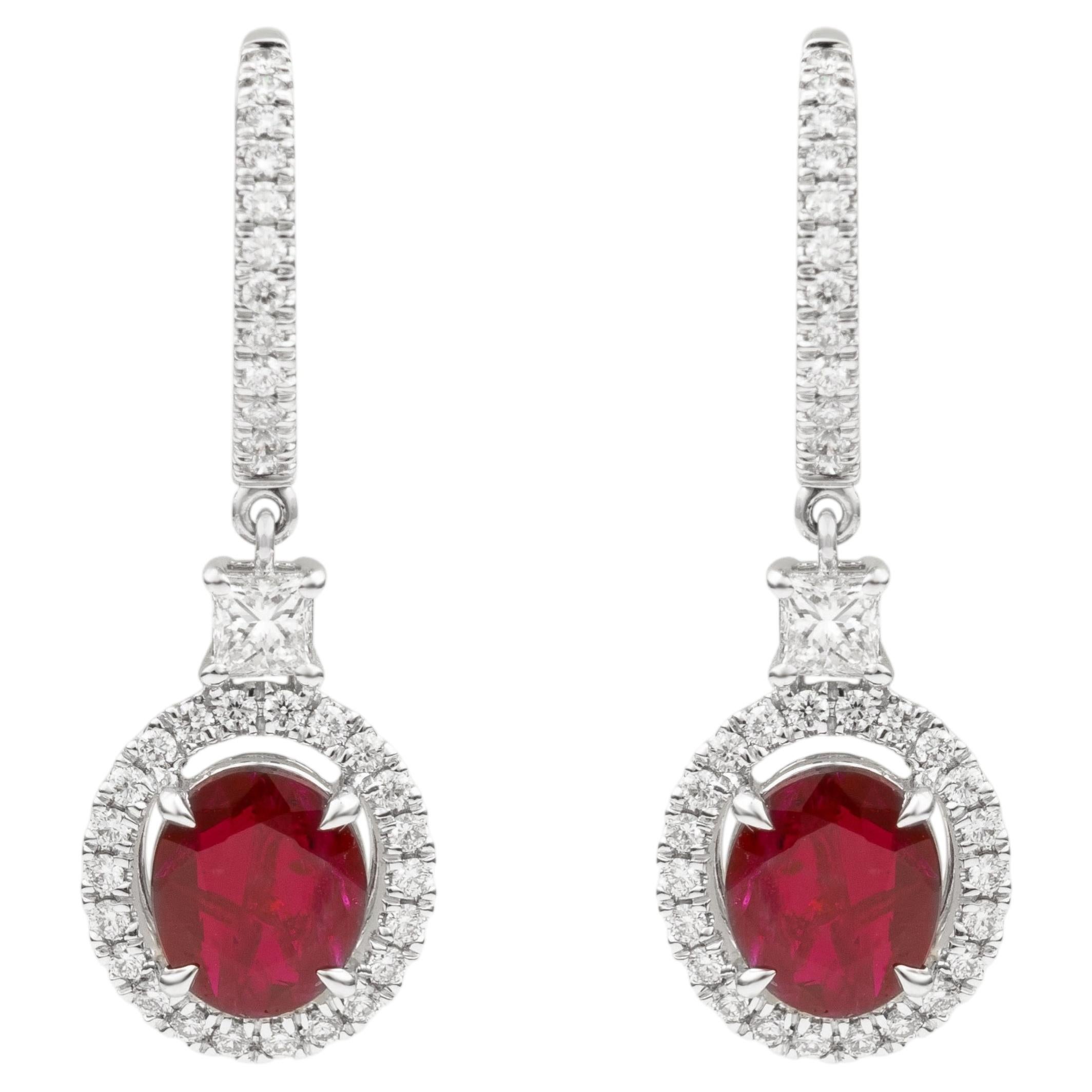 Natural Oval Ruby & Diamond Halo Drop Earrings with Pave Lever Back in 18K Gold
