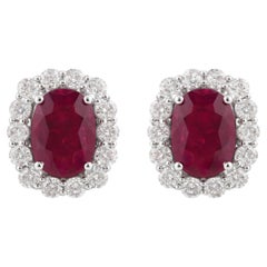 Natural Ruby and Diamond Halo Stud Earrings 5.78 Carats in 18K White Gold