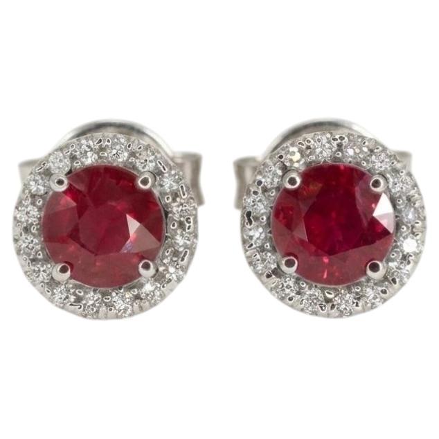Natural Ruby and Diamond Halo Stud Earrings in 14k White Gold