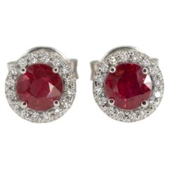 Natural Ruby and Diamond Halo Stud Earrings in 14k White Gold
