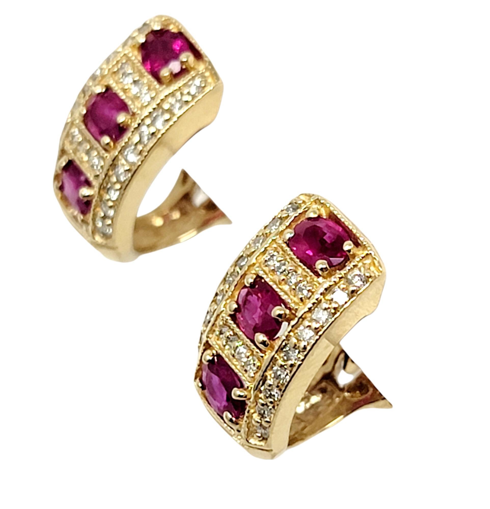 Natürlicher Rubin und Diamant Huggie Halbhoop-Ohrringe aus 14 Karat Gelbgold Damen