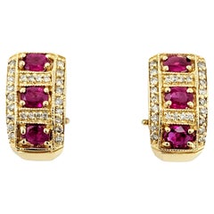 Natural Ruby and Diamond Huggie Half-Hoop Earrings in 14 Karat Yellow Gold