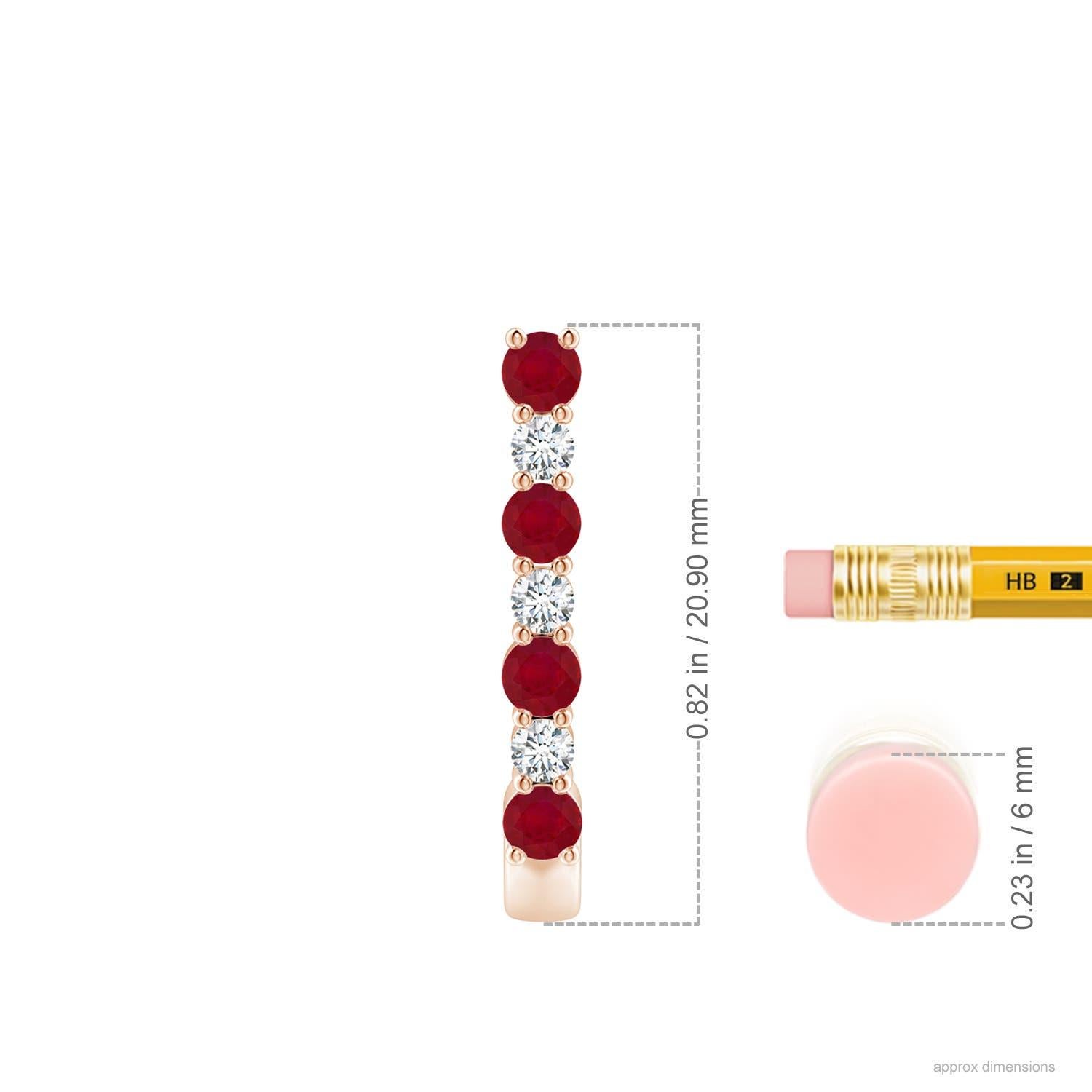 These stunning ruby and diamond hoop earrings are exquisitely crafted in 14k rose gold. The J hoops are alternately studded with bright red rubies and sparkling diamonds for a captivating effect.
Ruby is the Birthstone for July and traditional gift
