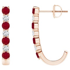 ANGARA Natural 0.72ct Ruby and Diamond J-Hoop Earrings in 14K Rose Gold