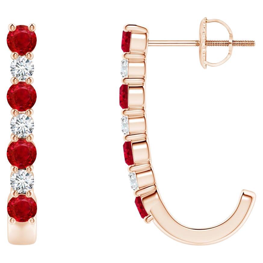 ANGARA Boucles d'oreilles J-Hoop en or rose 14 carats avec rubis naturel de 0,72 carat et diamants