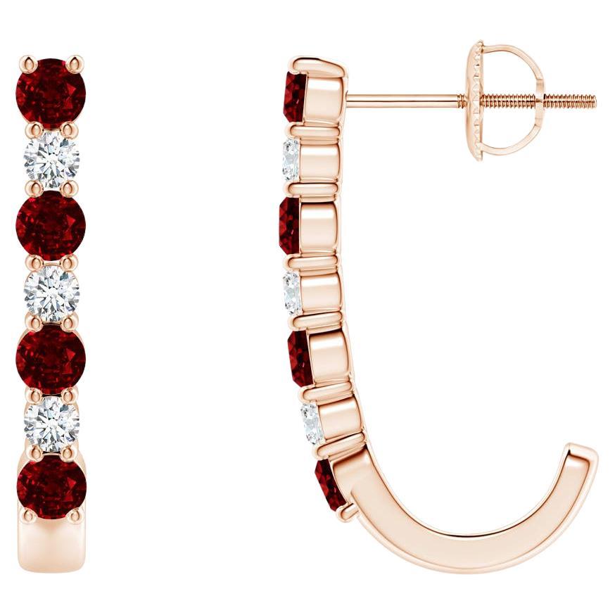 ANGARA Natural 0.72ct Ruby and Diamond J-Hoop Earrings in 14K Rose Gold For Sale