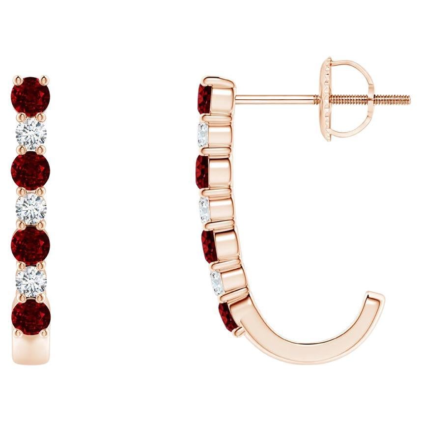 ANGARA Natural 0.40ct Ruby and Diamond J-Hoop Earrings in 14K Rose Gold