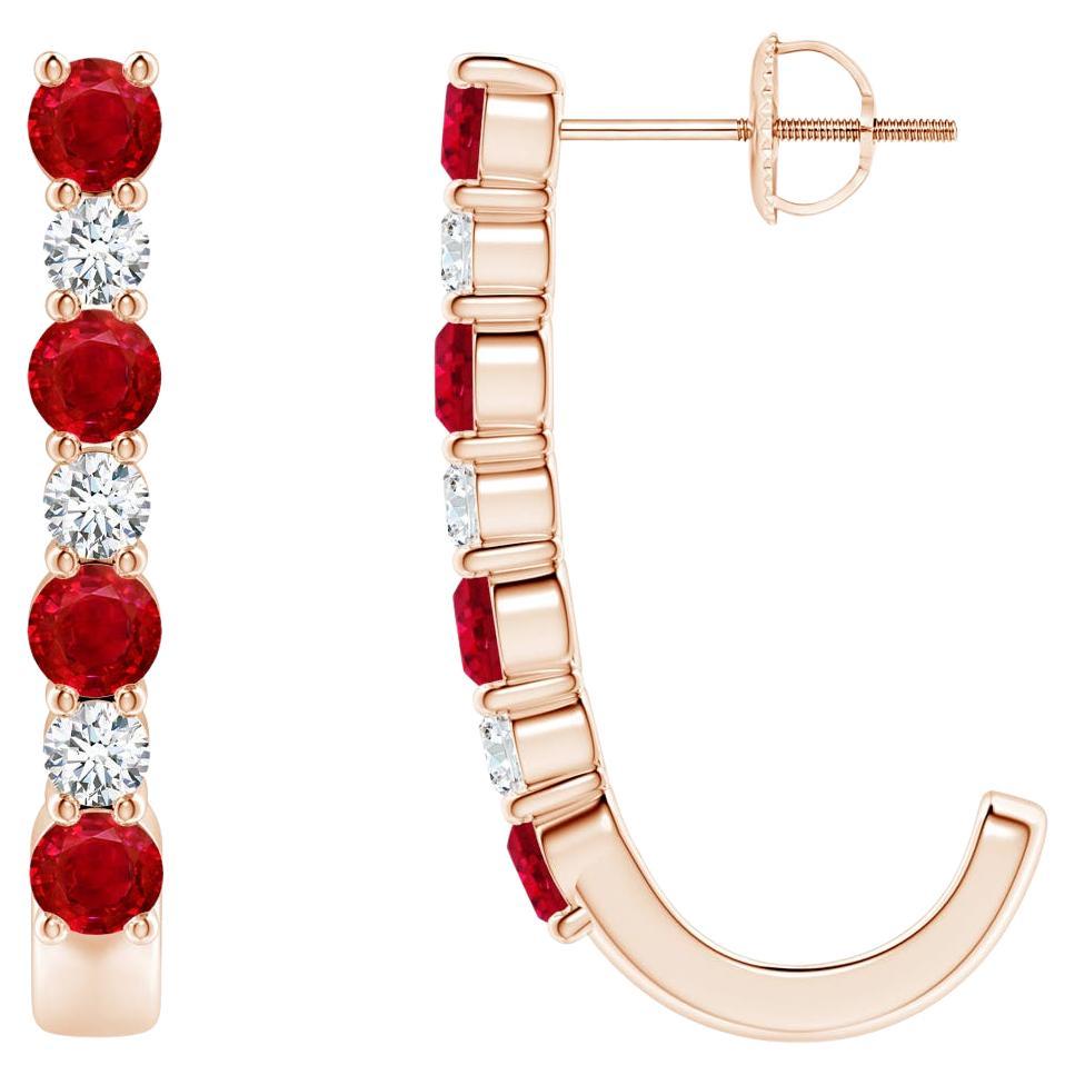 ANGARA Natural 1.20ct Ruby and Diamond J-Hoop Earrings in 14K Rose Gold For Sale