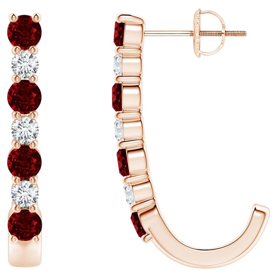 ANGARA Natural 1.20ct Ruby and Diamond J-Hoop Earrings in 14K Rose Gold For Sale
