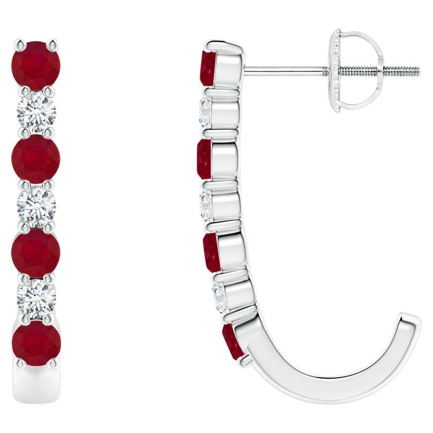 ANGARA Natural 0.72ct Ruby and Diamond J-Hoop Earrings in 14K White Gold For Sale