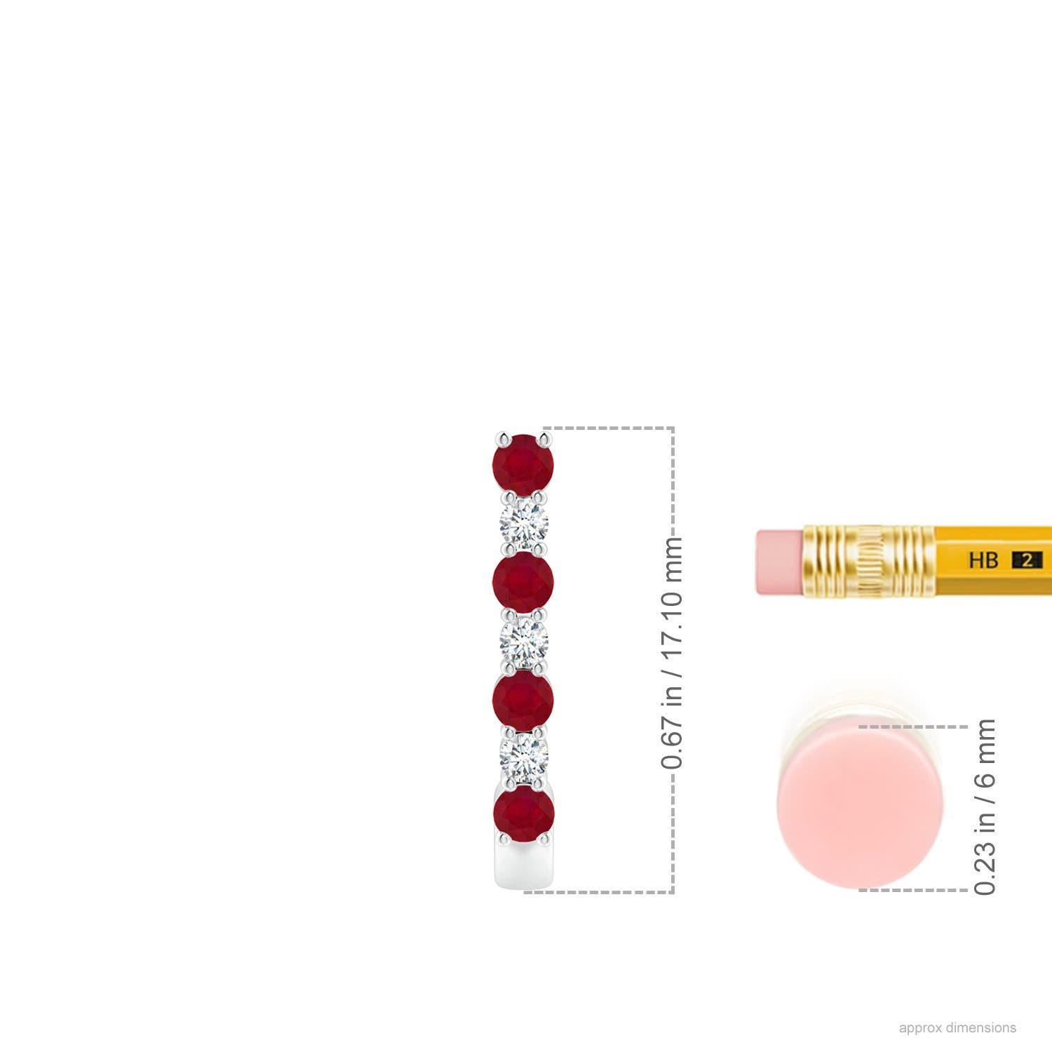 These stunning ruby and diamond hoop earrings are exquisitely crafted in 14k white gold. The J hoops are alternately studded with bright red rubies and sparkling diamonds for a captivating effect.
Ruby is the Birthstone for July and traditional gift