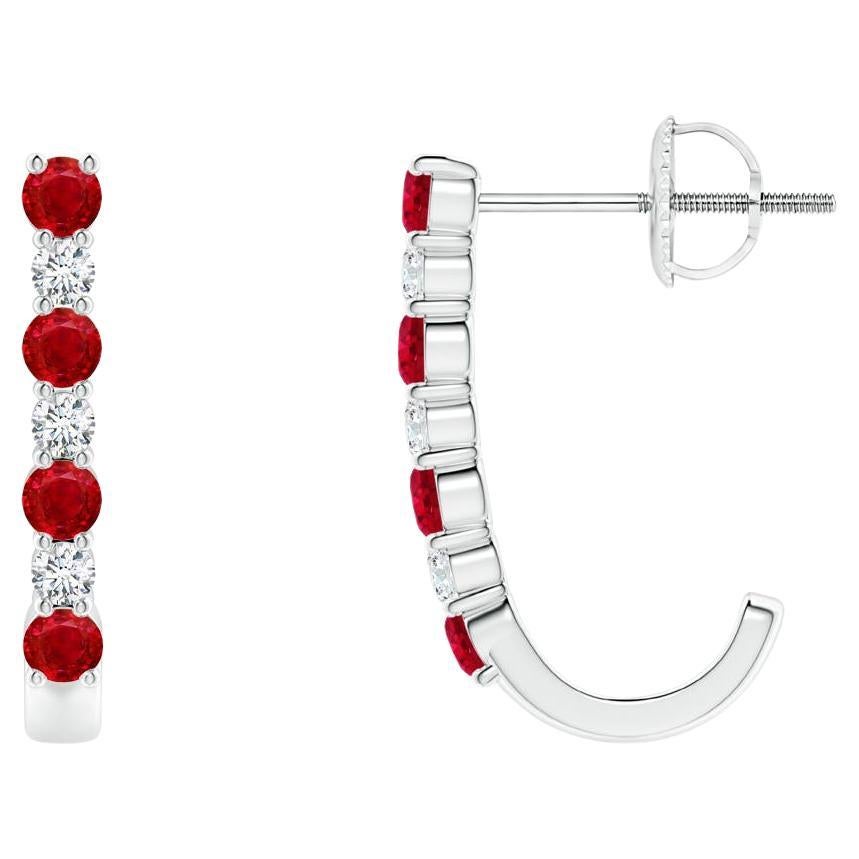 ANGARA Natural 0.40ct Ruby and Diamond J-Hoop Earrings in 14K White Gold For Sale
