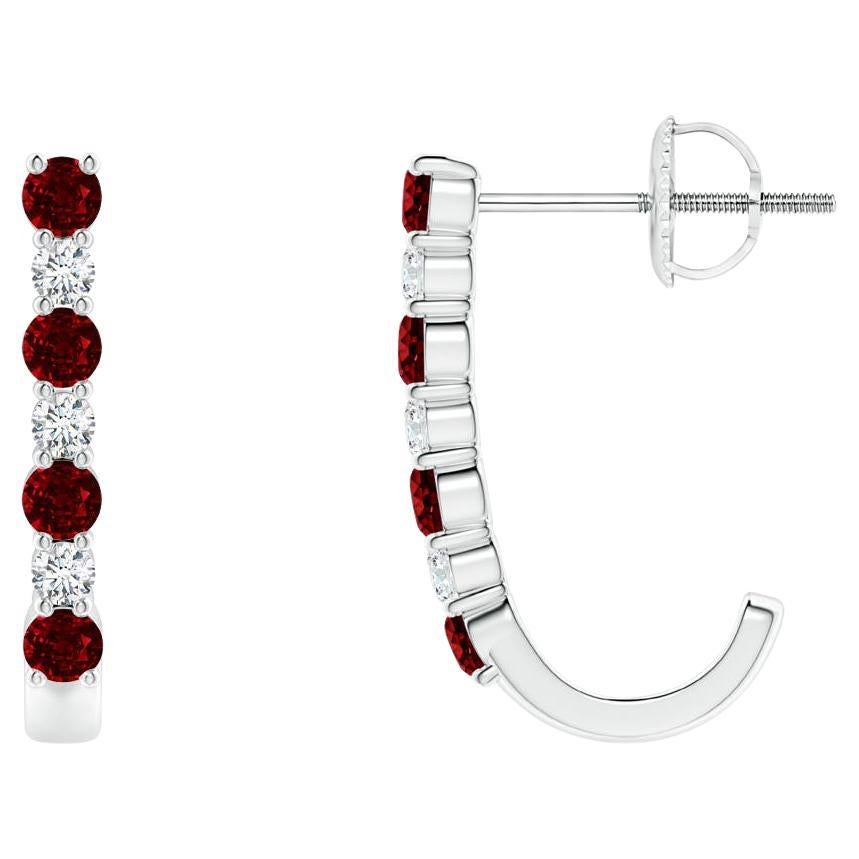 ANGARA Natural 0.40ct Ruby and Diamond J-Hoop Earrings in 14K White Gold For Sale