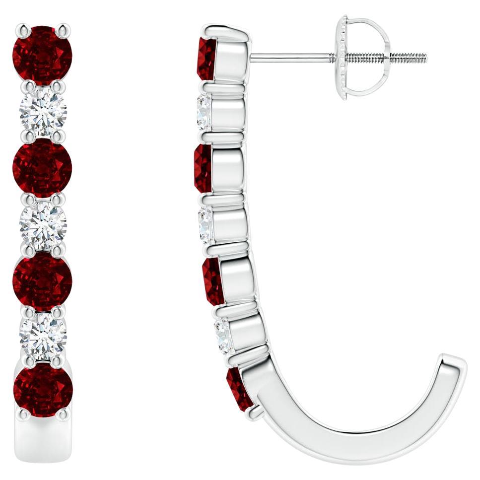 ANGARA Natural 1.20ct Ruby and Diamond J-Hoop Earrings in 14K White Gold For Sale