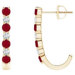 ANGARA Natural 0.72ct Ruby and Diamond J-Hoop Earrings in 14K Yellow Gold