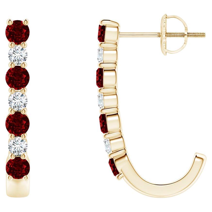 ANGARA Natural 0.72ct Ruby and Diamond J-Hoop Earrings in 14K Yellow Gold For Sale