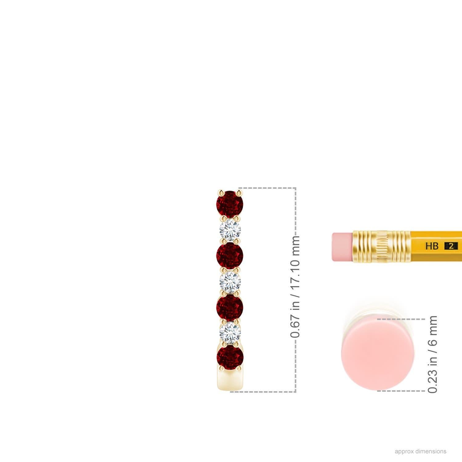 These stunning ruby and diamond hoop earrings are exquisitely crafted in 14k yellow gold. The J hoops are alternately studded with bright red rubies and sparkling diamonds for a captivating effect.
Ruby is the Birthstone for July and traditional