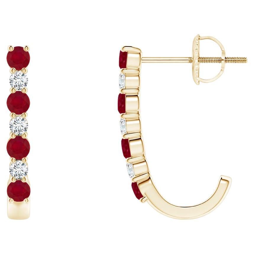 ANGARA Natural 0.40ct Ruby and Diamond J-Hoop Earrings in 14K Yellow Gold For Sale