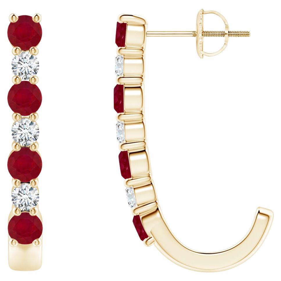 ANGARA Natural 1.20ct Ruby and Diamond J-Hoop Earrings in 14K Yellow Gold For Sale