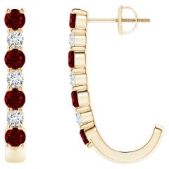 ANGARA Natural 1.20ct Ruby and Diamond J-Hoop Earrings in 14K Yellow Gold