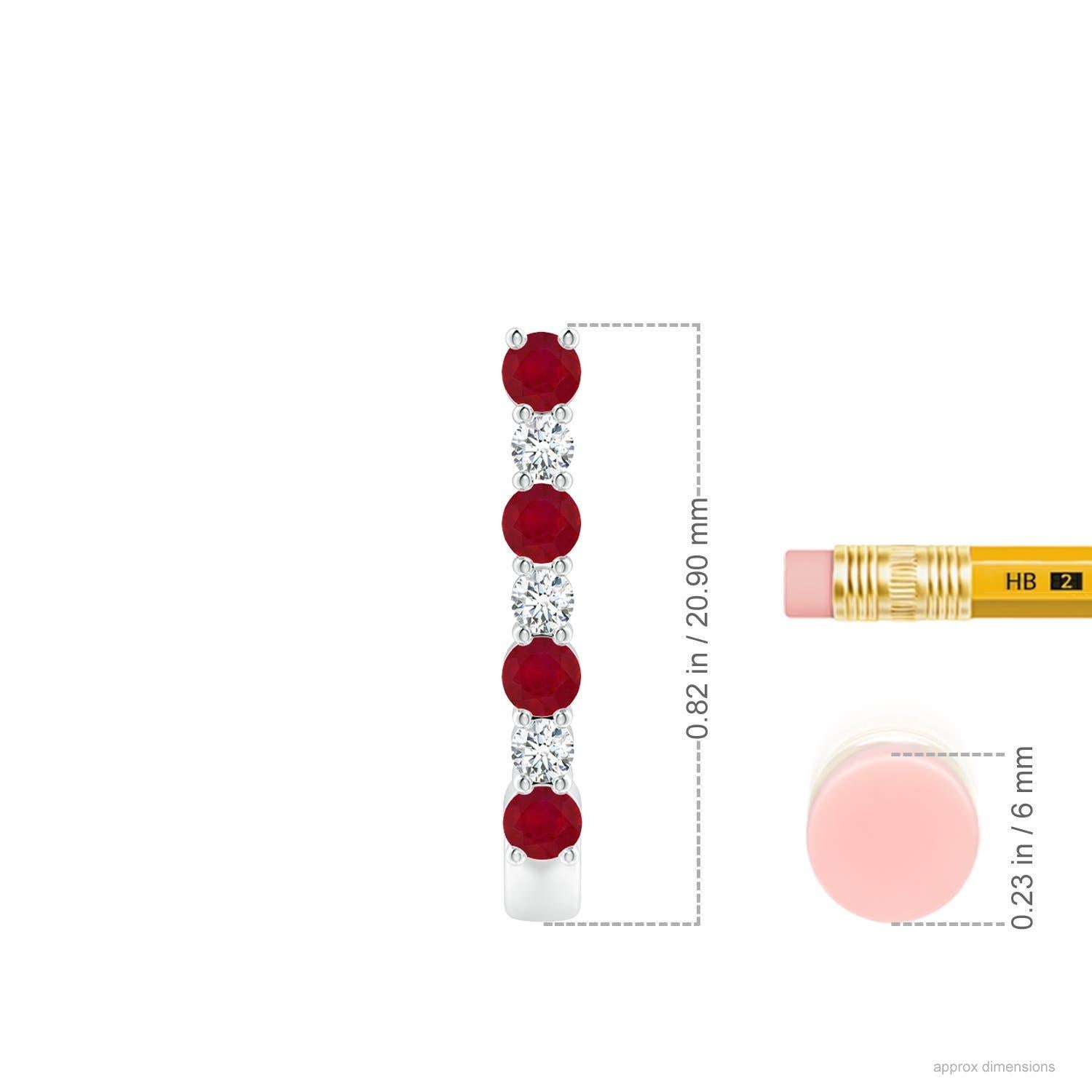These stunning ruby and diamond hoop earrings are exquisitely crafted in platinum. The J hoops are alternately studded with bright red rubies and sparkling diamonds for a captivating effect.
Ruby is the Birthstone for July and traditional gift for