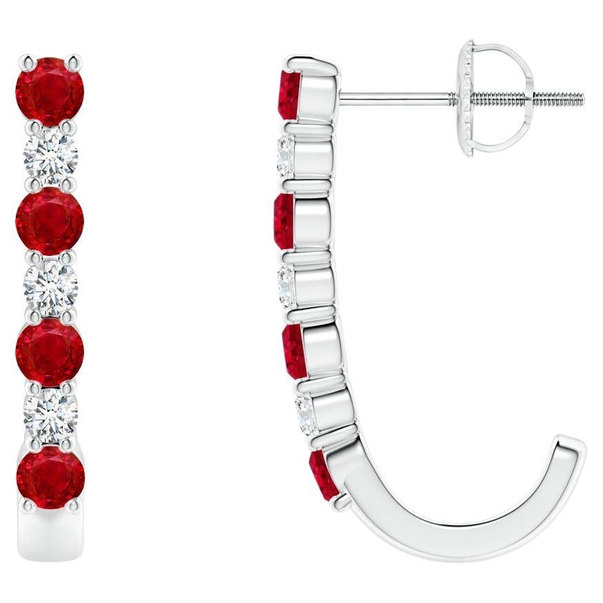 ANGARA Natural 0.72ct Ruby and Diamond J-Hoop Earrings in Platinum For Sale