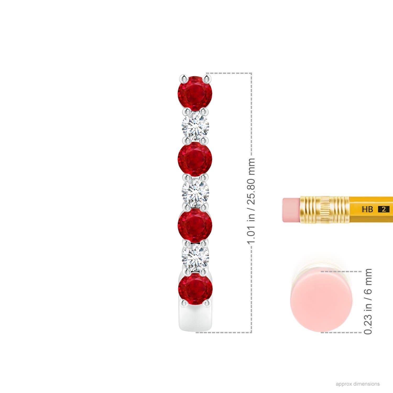 These stunning ruby and diamond hoop earrings are exquisitely crafted in platinum. The J hoops are alternately studded with bright red rubies and sparkling diamonds for a captivating effect.
Ruby is the Birthstone for July and traditional gift for