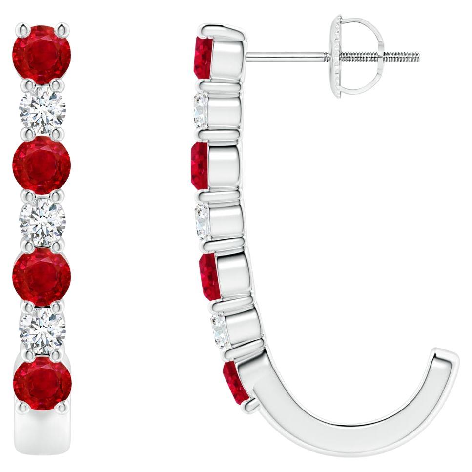 ANGARA Natural 1.20ct Ruby and Diamond J-Hoop Earrings in Platinum For Sale