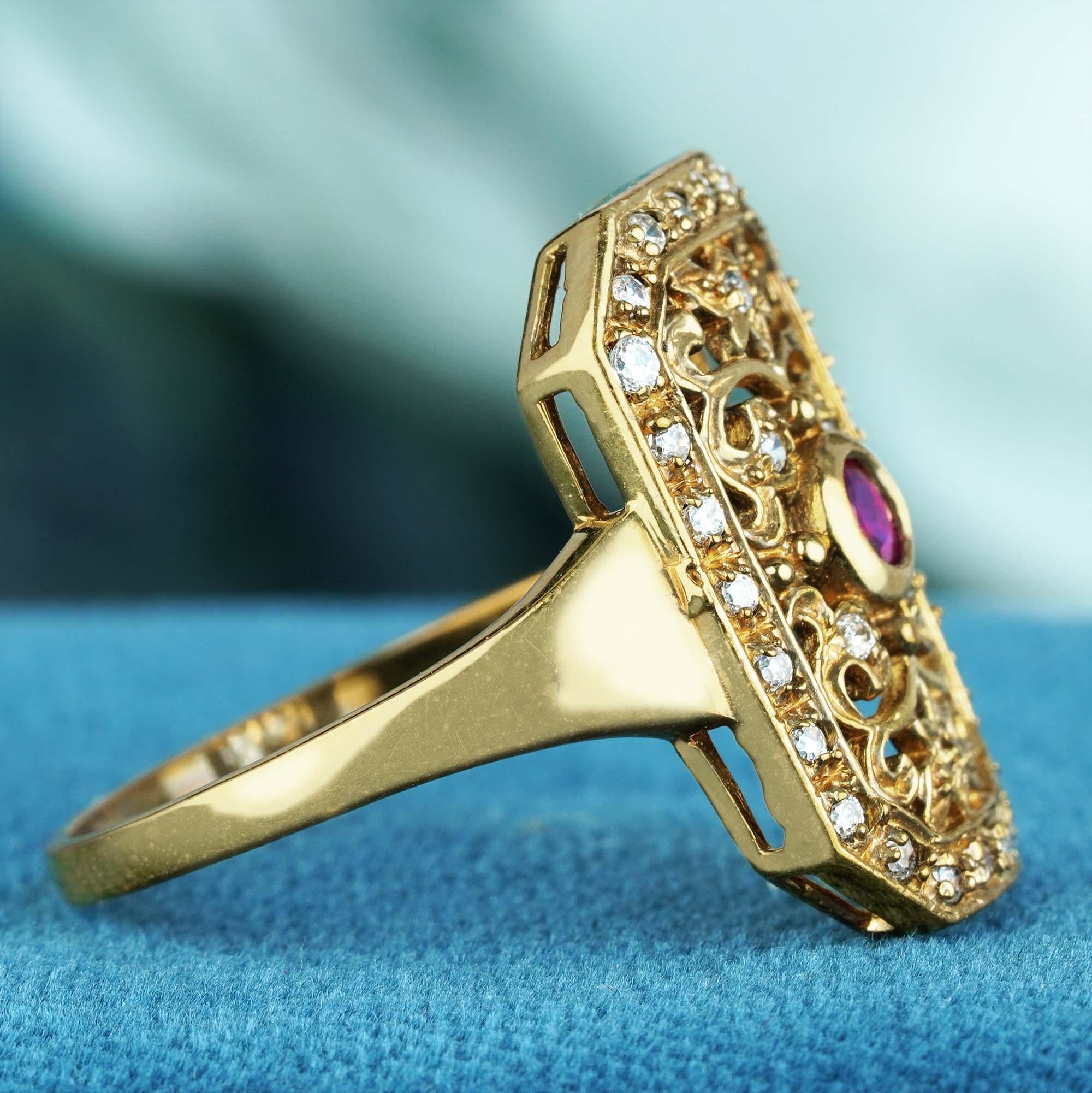 Im Angebot: Achteckiger filigraner Ring aus massivem 9 Karat Gelbgold mit natürlichem Rubin und Diamanten () 4