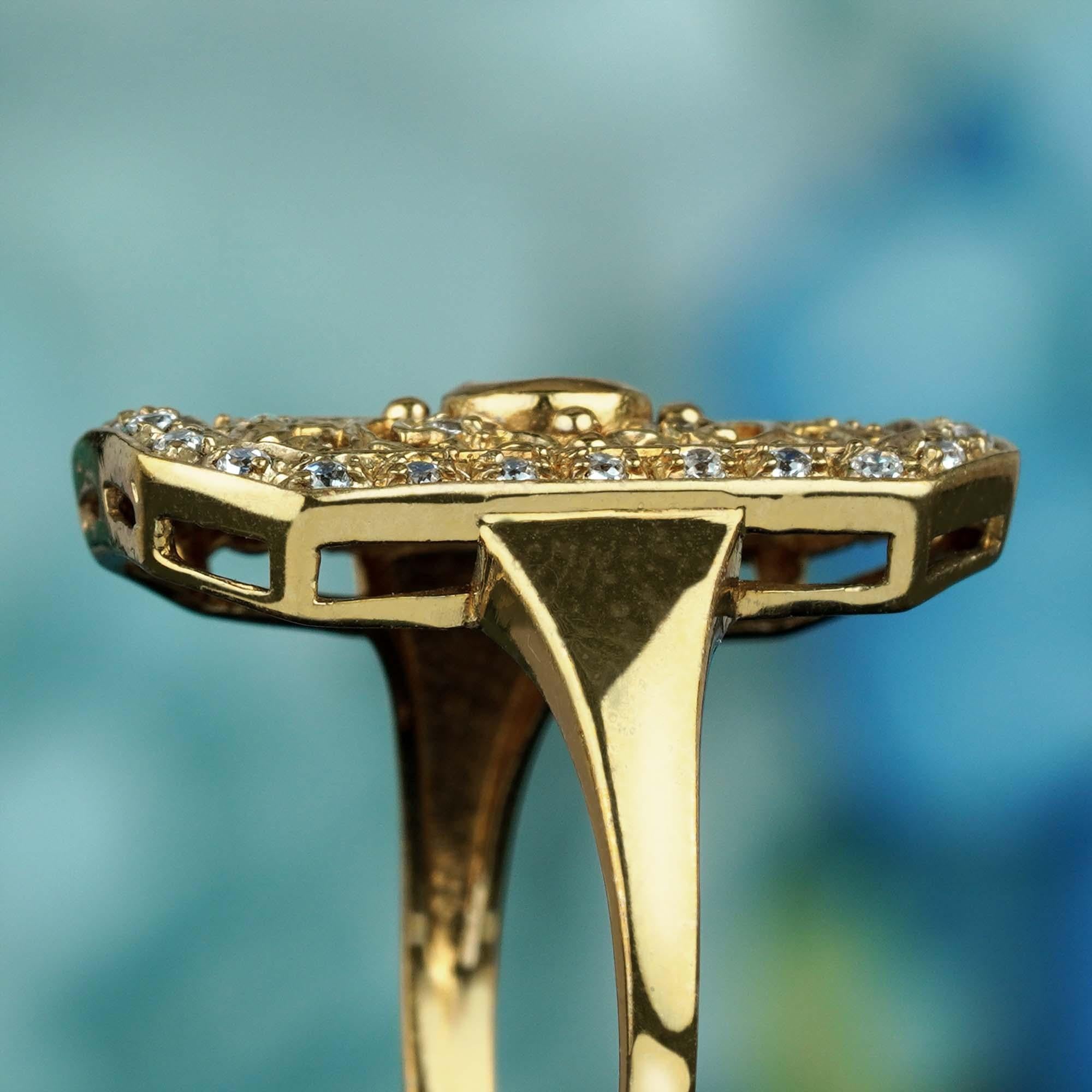 Im Angebot: Achteckiger filigraner Ring aus massivem 9 Karat Gelbgold mit natürlichem Rubin und Diamanten () 6