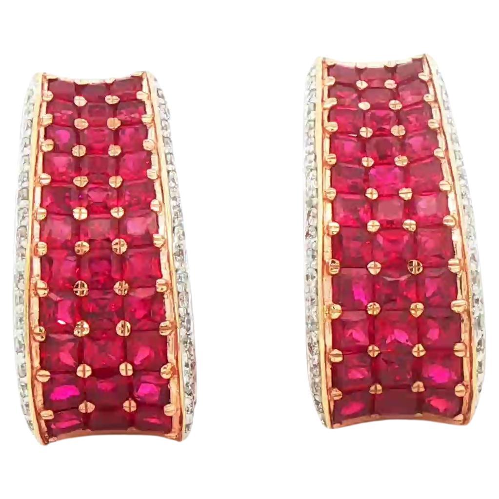 Orecchini a nastro in oro rosa 14k con rubino naturale e diamanti in vendita