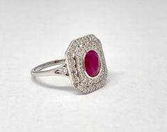 Natural Ruby and Diamond Ring Art Deco Style Double Halo 18ct White Gold