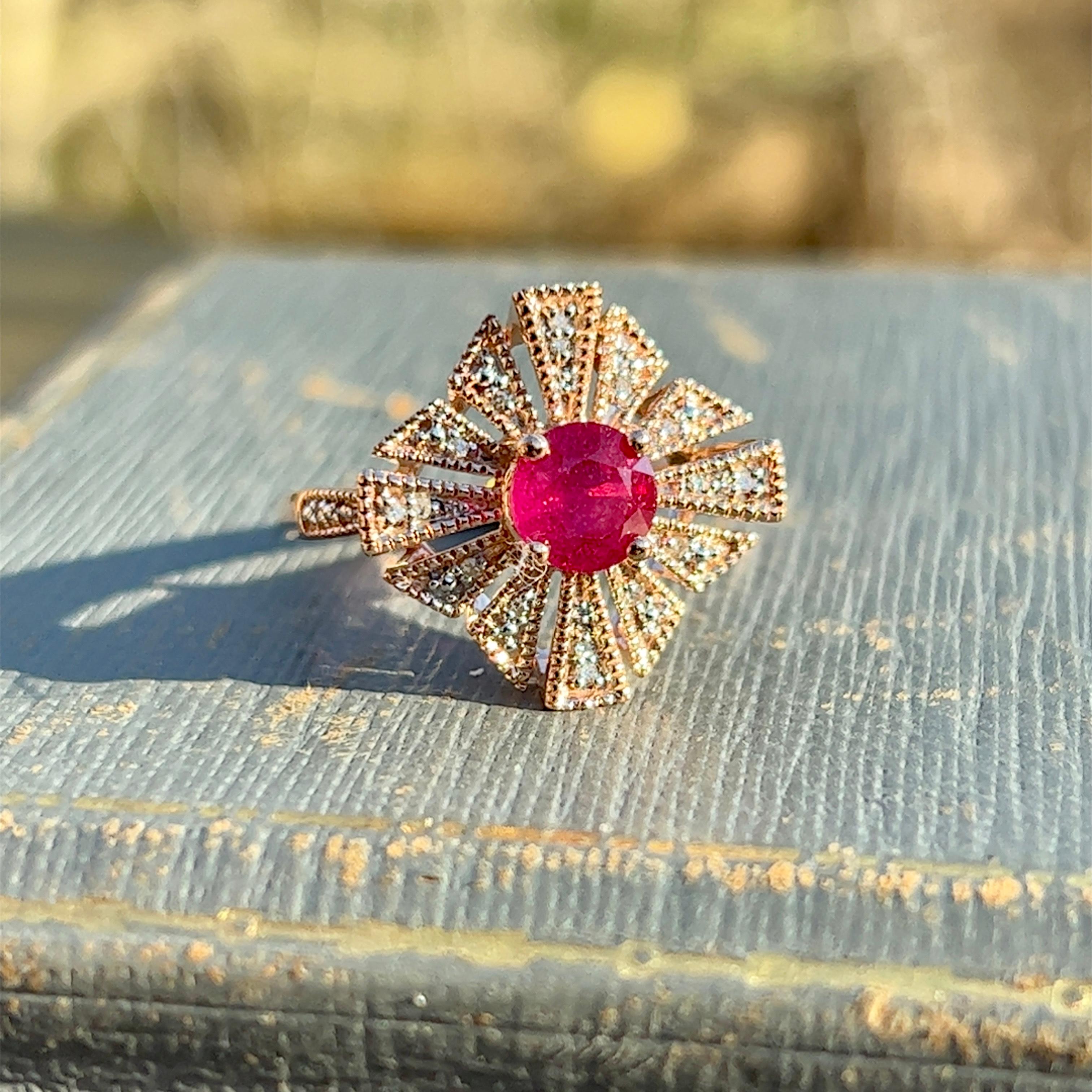 Natural Ruby and Diamond Ring in 14K Rose Gold In Good Condition In Towson, MD
