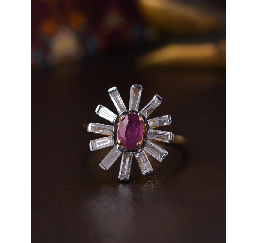 This Floral ring is made of solid 18K yellow gold, ruby gemstone and set with natural rectangle shaped diamonds. It is a designer ring and is perfect for any occasion.

Specifications

Dimensions: Ring Size-7.25 US, Top-17*15 MM
Gross Weight: 4.080