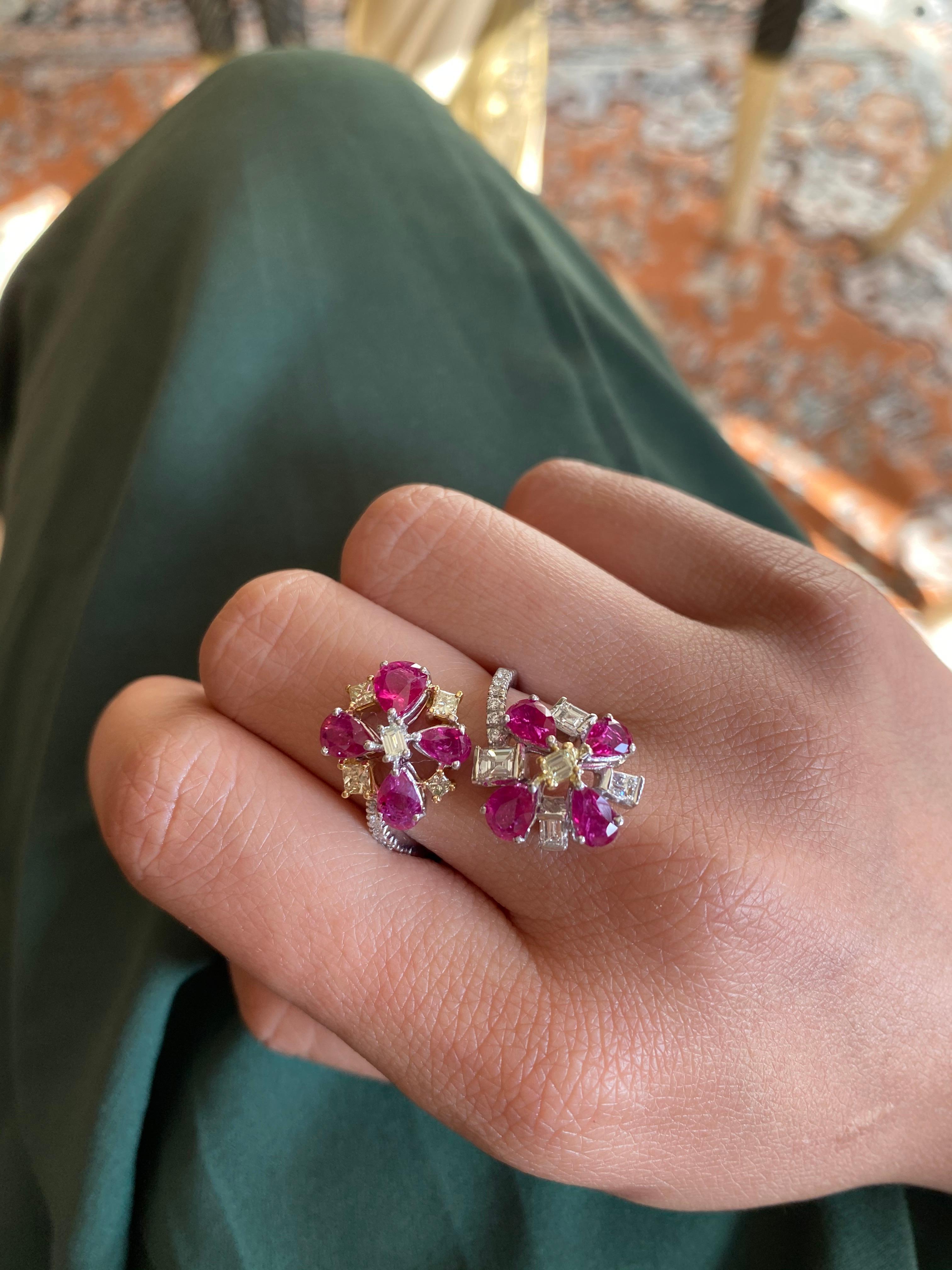 A modern and cocktail ring Set with natural un-heat ruby and natural white and yellow diamond in 18k white and yellow gold. The ruby are un-heat from mozambique and weight of ruby is 4.20 carats and natural diamond combined weight is 1.06 carats.