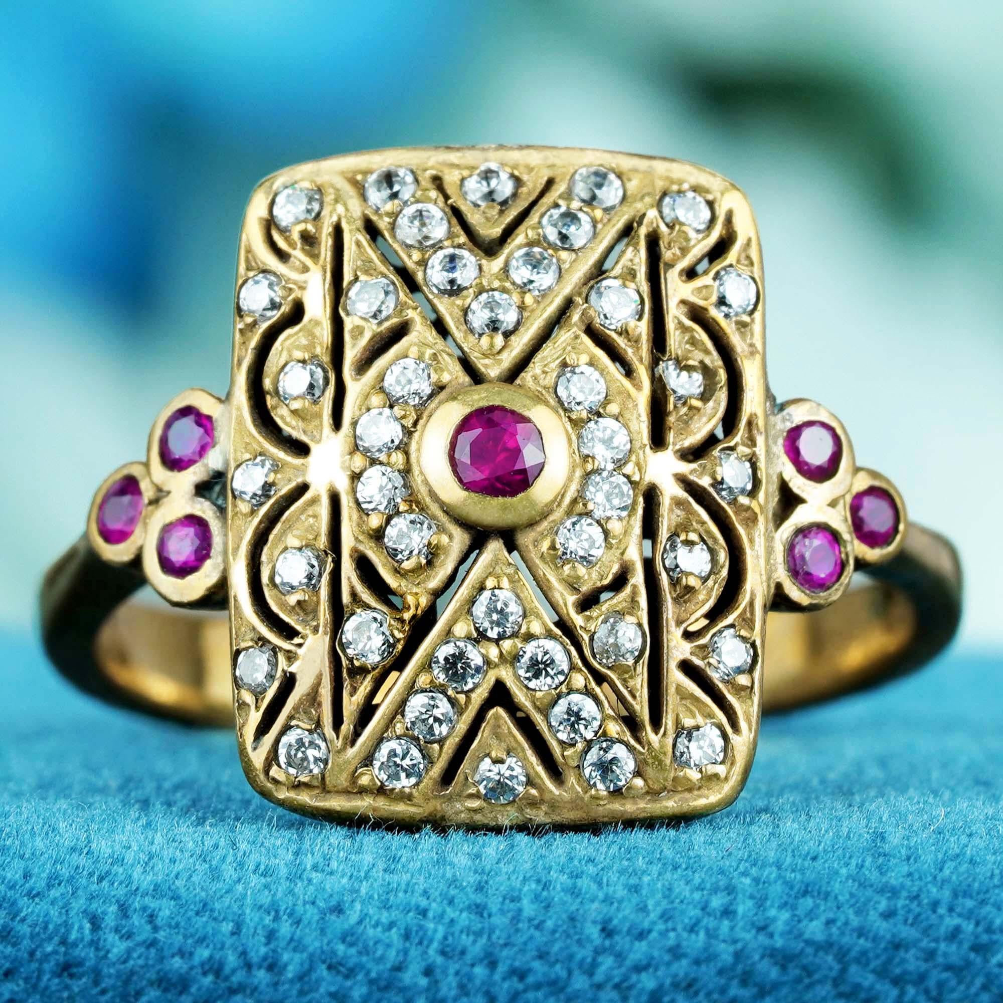 En venta: Anillo cuadrado de filigrana de rubí natural y diamantes en oro amarillo macizo de 9 quilates  2