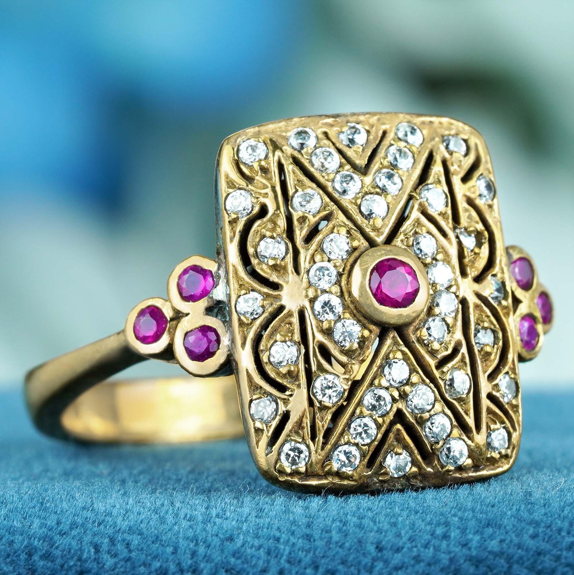 En venta: Anillo cuadrado de filigrana de rubí natural y diamantes en oro amarillo macizo de 9 quilates  3