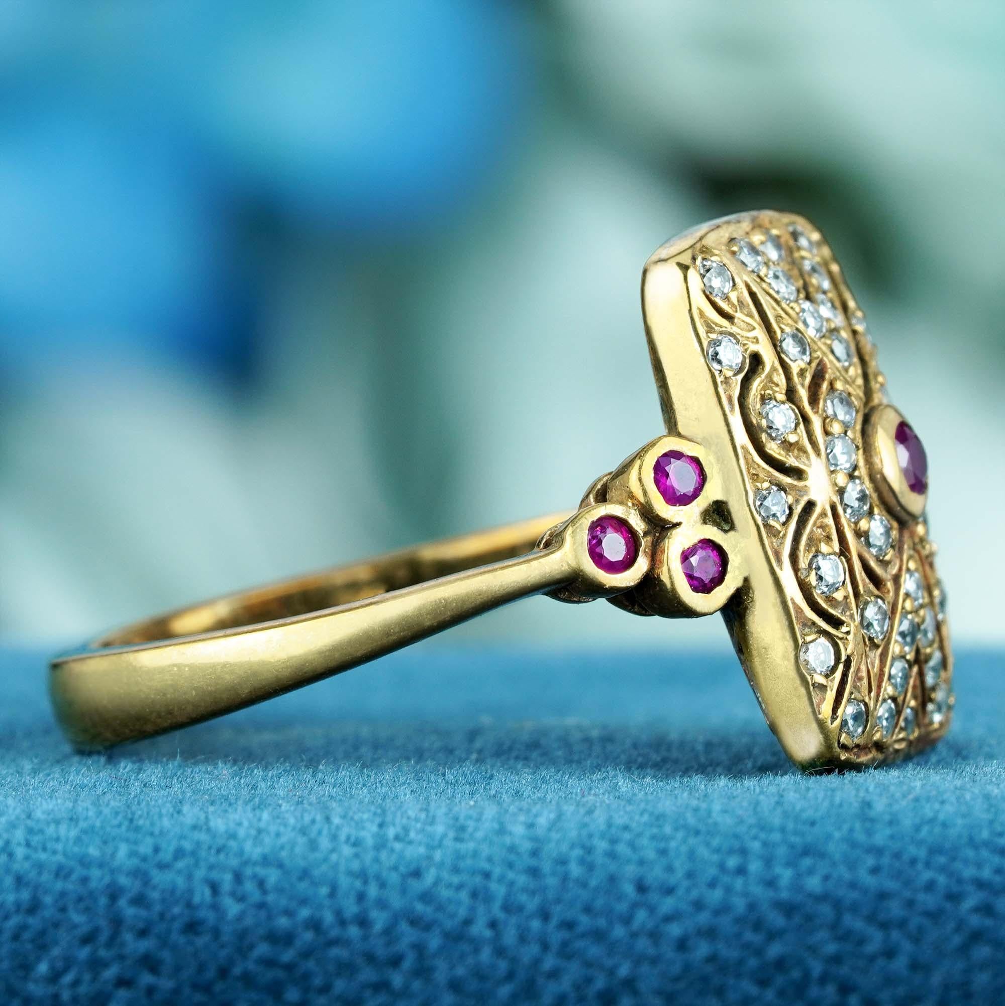 En venta: Anillo cuadrado de filigrana de rubí natural y diamantes en oro amarillo macizo de 9 quilates  4